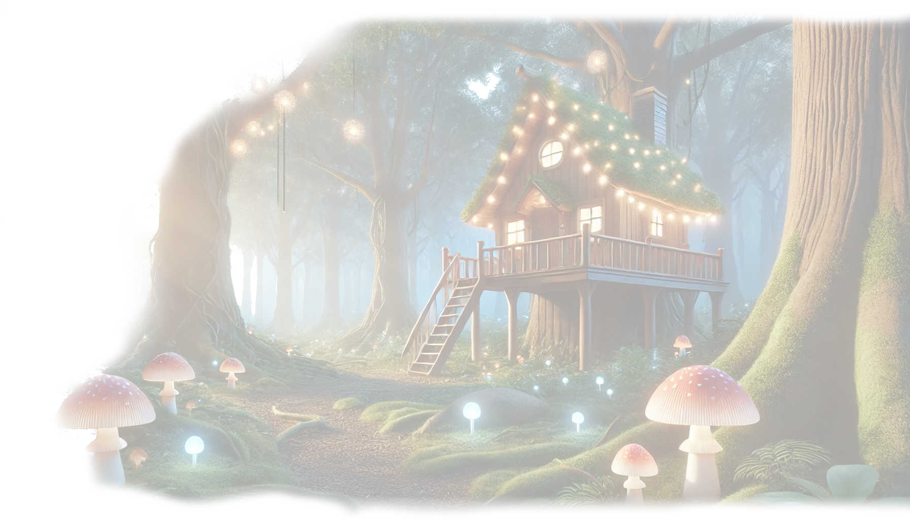 A cozy treehouse glowing in a magical forest, surrounded by bioluminescent mushrooms and soft lights. This enchanted scene symbolizes mental health, organization, and relief from mental load—offering calm and clarity for neurodivergent minds, including those with ADHD and autism.